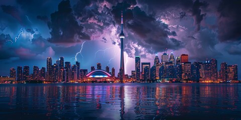 Fototapeta premium A Spectacular Night View of Toronto Skyline with Lightning over Lake Ontario