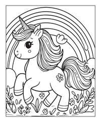 Obraz premium Cute cartoon unicorn with rainbow coloring page. Color and black white vector illustration for coloring book,