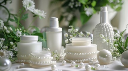 A range of white skincare products displayed with white flowers and pearls - obrazy, fototapety, plakaty