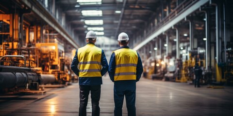 Two workers in a factory are looking at the production line.