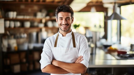 Fototapeta premium Portrait of a happy male chef standing in a commercial kitchen