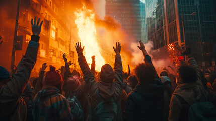 A group of people raise their hands towards the fire in the city, with a brave gesture and strong determination, their faces radiate in the warm light of the fire, dAi generated Images - Powered by Adobe