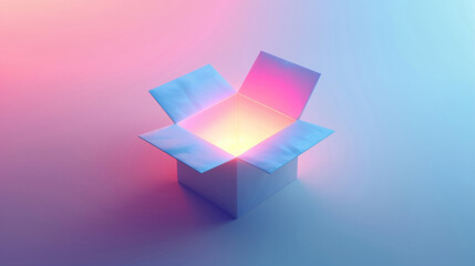 3D, open box with happy surprise, minimal style, pastels, shining light from within, low angle, monochromatic charming shiny line rough doodling