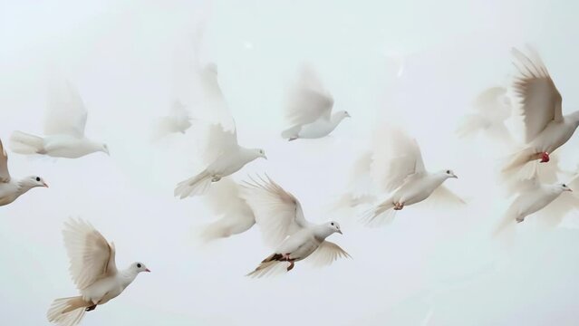 A flock of pristine white doves soars gracefully through a bright, clear sky, their wings outstretched in harmonious flight, evoking a profound sense of peace, freedom, hope and unity.
