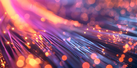  Close up fiber optic in server room network cable , A purple ,pink fiber optic cable with a lightbulb in the background, Abstract closeup of fiber optics light for background