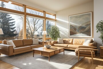 Bright living room with large windows and leather furniture