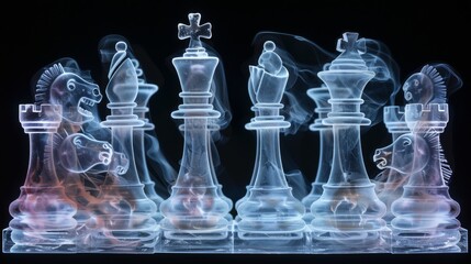 Fototapeta premium X-ray scan of a chess set, displaying the pieces and their internal structure.