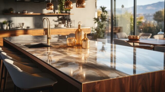 Modern kitchen island with marble top and copper accents