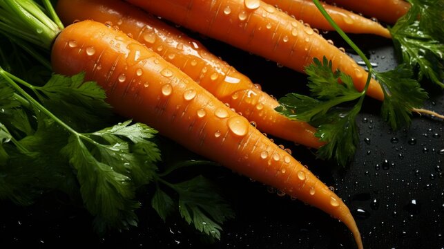 Fresh carrots with parsley on a black background