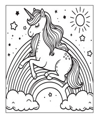 Fototapeta premium Cute cartoon unicorn with rainbow coloring page. Color and black white vector illustration for coloring book,
