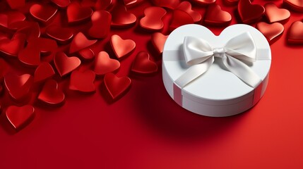 A white heart-shaped gift box with a white bow on a red background with red heart-shaped candies
