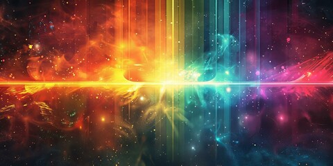 Colorful abstract painting with bright rainbow colors and light rays