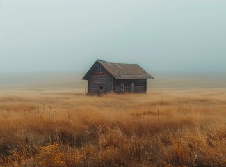 Small wooden house in the middle of a large grass field on a foggy day