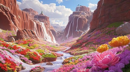 A picturesque Easter canyon, with chocolate rivers winding through fields of edible flowers and candy-coated rock formations.