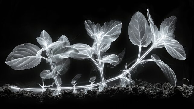 X-ray scan of a potted plant, highlighting the roots spreading through the soil and the network of veins in the