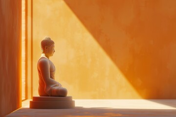 statue of a Buddha sitting on a pedestal in a room with a pastel colors wall
