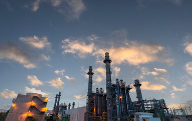 Gas turbine electrical power plant at dusk