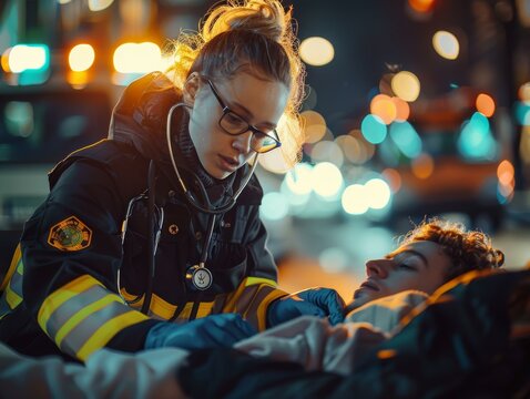 A firefighter and paramedic checking on an injured person at night