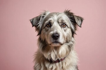 Portrait of Pyrenean Shepherd dog looking at camera, copy space. Studio shot.