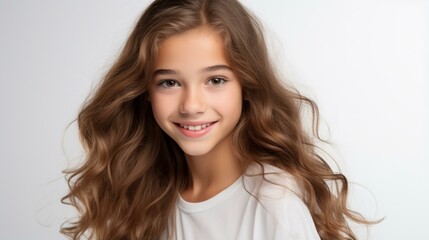 Fototapeta premium Portrait of a smiling young girl with long brown hair