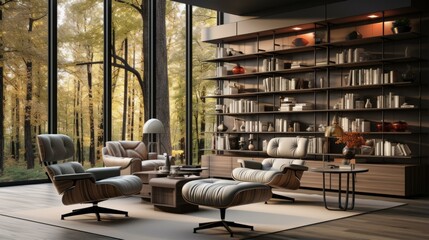 Fototapeta na wymiar Modern living room interior with large windows overlooking a beautiful autumn forest