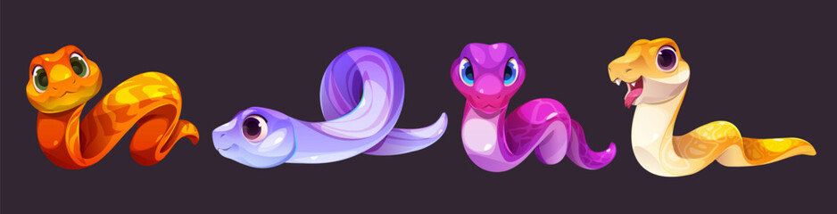 Cute snake cartoon character vector. Funny serpent animal baby isolated set. Tropical poisonous mascot in purple, pink and yellow clipart collection. Wild curious safari hunter with tail for zoo