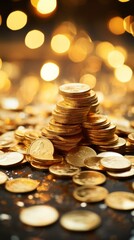Stack of gold coins with blurred lights in the background
