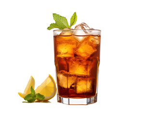 a glass of ice tea with mint leaves and lemon slices