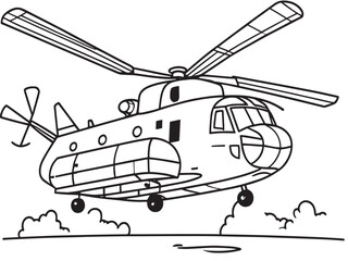 Helicopter sketch. Vector illustration in black and white. Coloring paper, page, book Military helicopters and Army vehicles Coloring page black vector outlines isolated on a white background