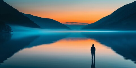 Man standing alone in a beautiful lake during sunset