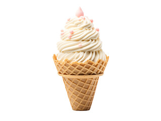a ice cream cone with white frosting and pink sprinkles