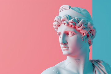 statue of a greek god stands on a pedestal in front of a pink and blue wall