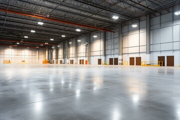 Modern distribution warehouse interior with shiny concrete floor