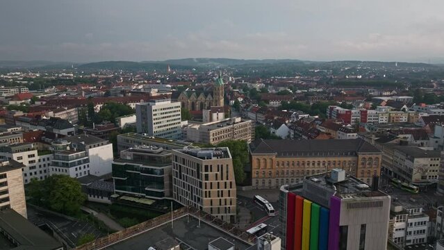 Aerial drone view of Osnabr&uuml;ck's Innenstadt in Germany. The old town center is known for its colorful gabled houses and centuries-old buildings. 