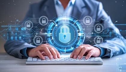 Fototapeta premium Cyber security network and data protection technology on interface. Ai security, Block chain