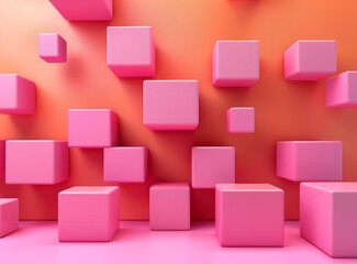 Obraz premium Pink cubes in different sizes floating in front of a pink wall