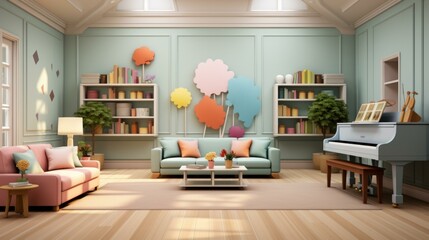 A living room with a sofa, piano, and bookshelves