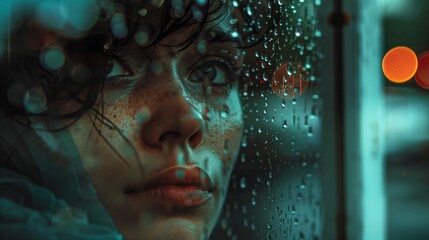 A person looking out of a rainy window, their reflection blending with raindrops on the glass.