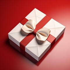 3D rendering of a white gift box with a red ribbon and bow on a red background