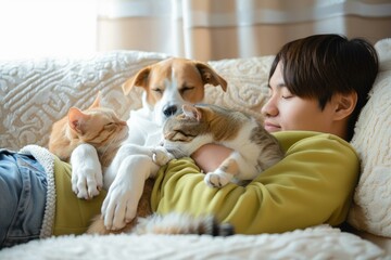 A young man is sleeping on a couch with a cat and a dog