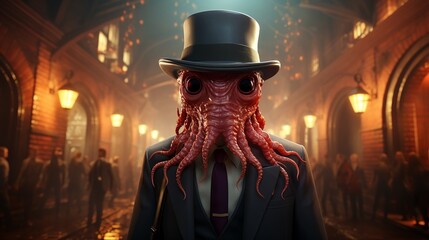  An octopus wearing a top hat conducts an orchestra of bioluminescent fish in a cavern filled with echoes of celestial music.  3D Action realistic