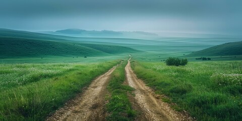 Obraz premium Dirt road through a green grassy field