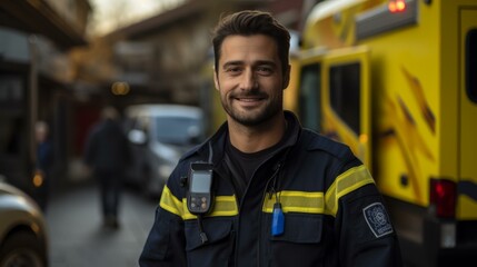 portrait of a smiling firefighter in front of a fire truck
