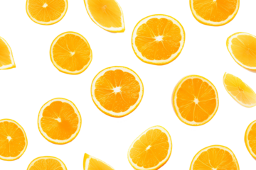 Bright orange slices arrayed on a transparent background, showcasing varying cuts from full rounds to wedges. Generative AI