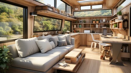 A cozy living room with a large couch, coffee table, and desk