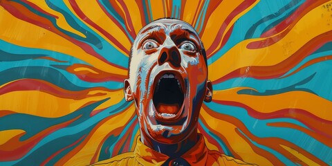 A man screams in agony surrounded by a colorful background - obrazy, fototapety, plakaty