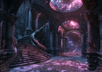 Mystical Palace Staircase with Glowing Pink Crystals and Stars
