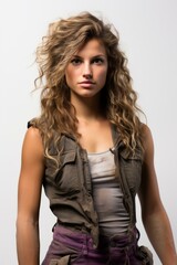 Naklejka premium portrait of a young woman with long curly hair wearing a dirty vest