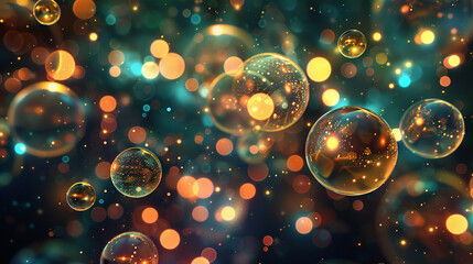 Luminous spheres of varying sizes suspended in a dreamlike state, radiating a sense of digital wonderment.