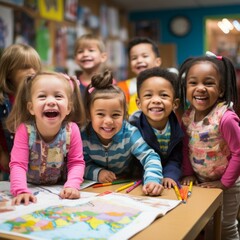 Fototapeta premium A group of children of different ethnicities are sitting around a table and looking at a map.
